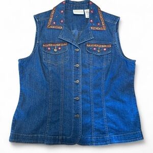 Vintage Alfred Dunner Blue Denim Vest with Red Floral Embroidery